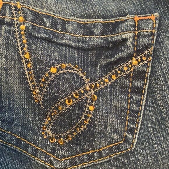 Y2K Bebe Factory Distressed Blue Embellished Bling Denim Cropped Jeans - Picture 7 of 10